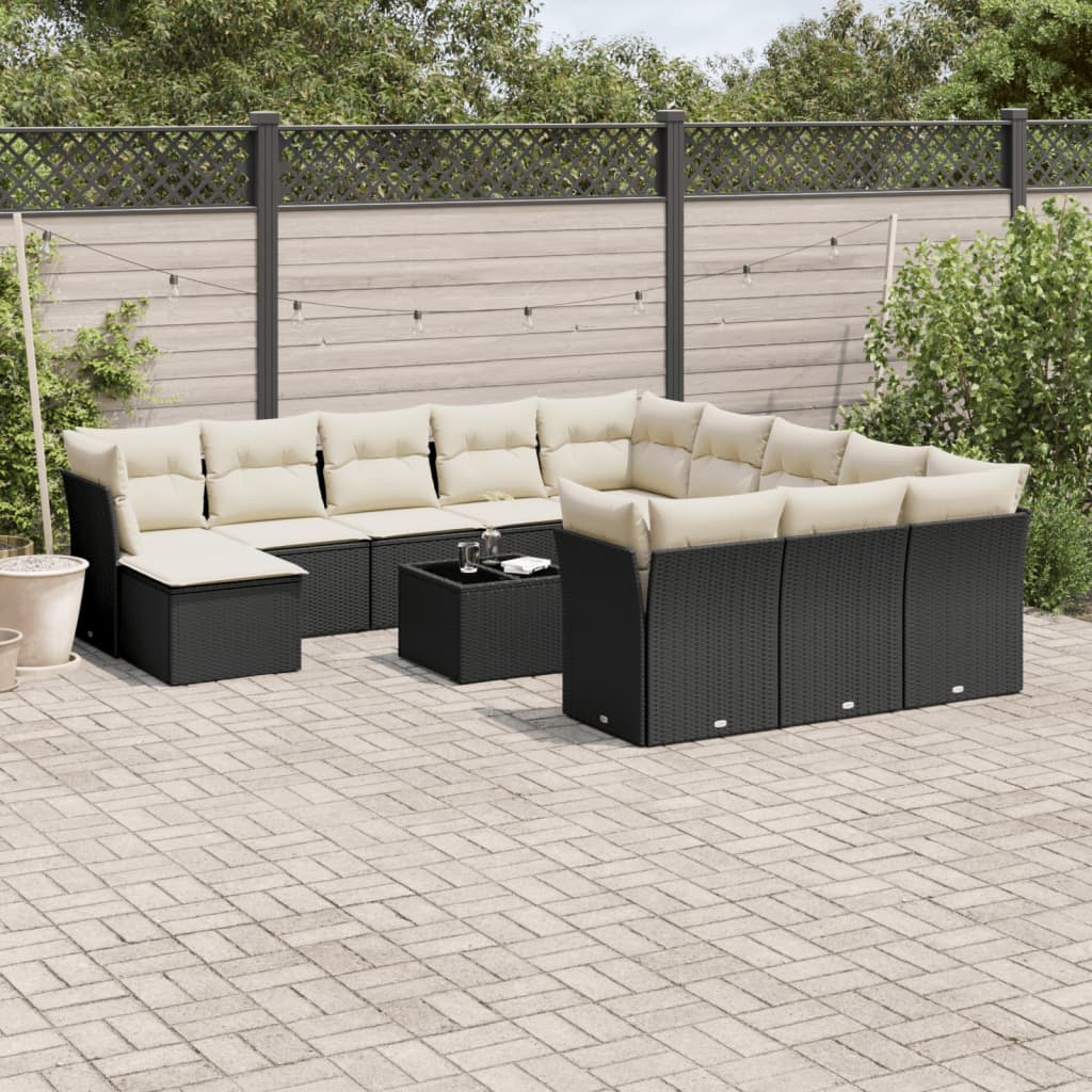 13 Pcs conjunto de sofás de jardim com almofadões vime PE preto