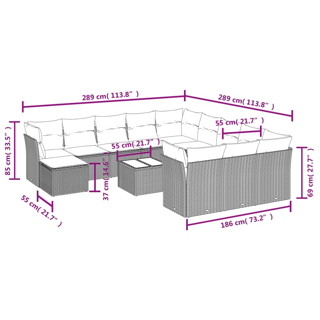 13 Pcs conjunto de sofás de jardim com almofadões vime PE preto