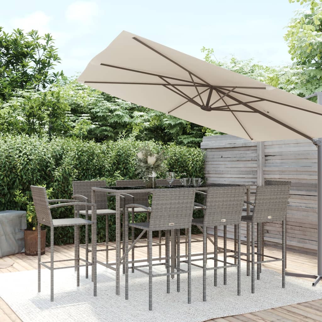 9 Pcs conjunto de bar para jardim vime PE cinzento
