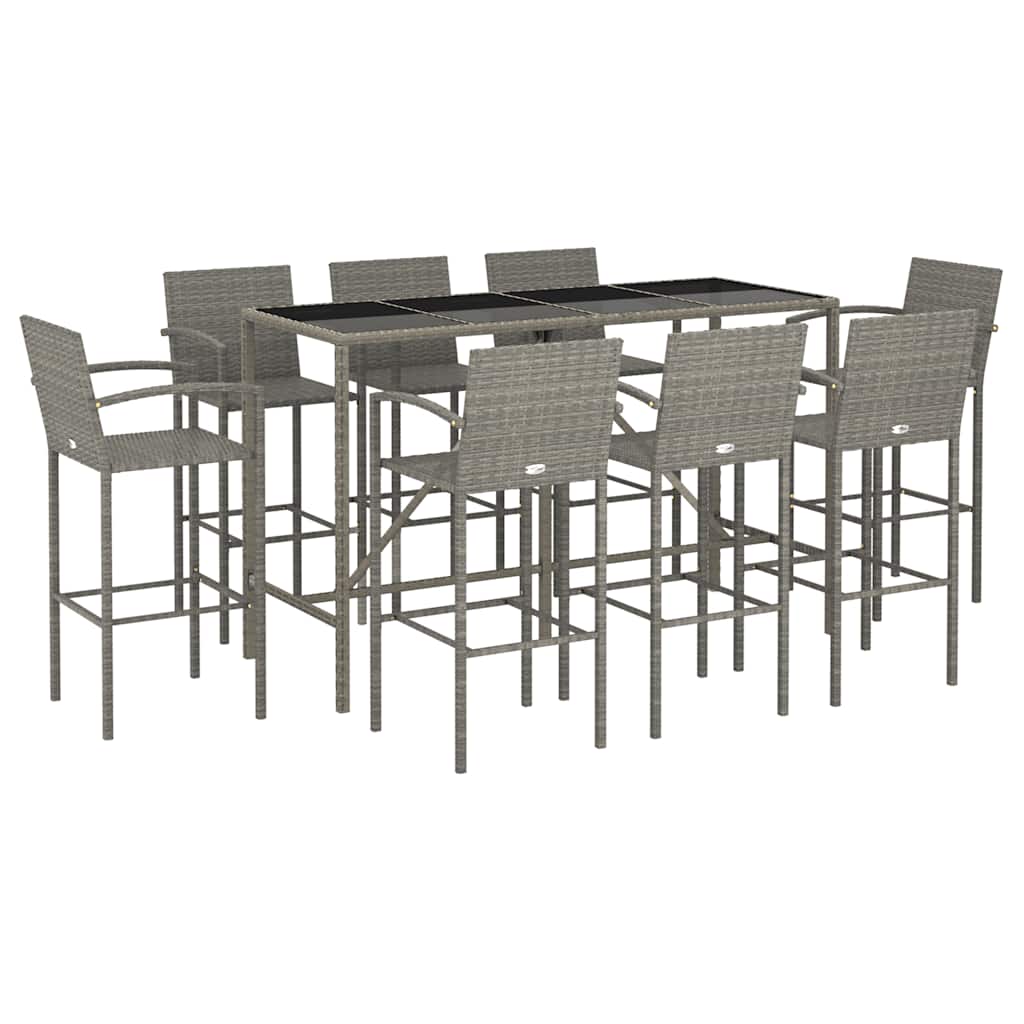 9 Pcs conjunto de bar para jardim vime PE cinzento