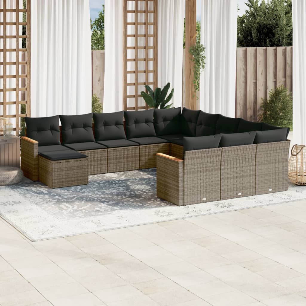 12 Pcs conjunto de sofás jardim c/ almofadões vime PE cinzento