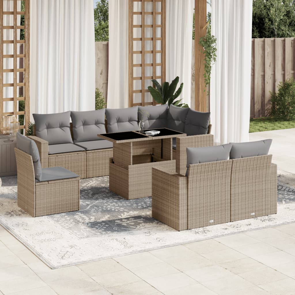 9 Pcs conjunto de sofás p/ jardim com almofadões vime PE bege