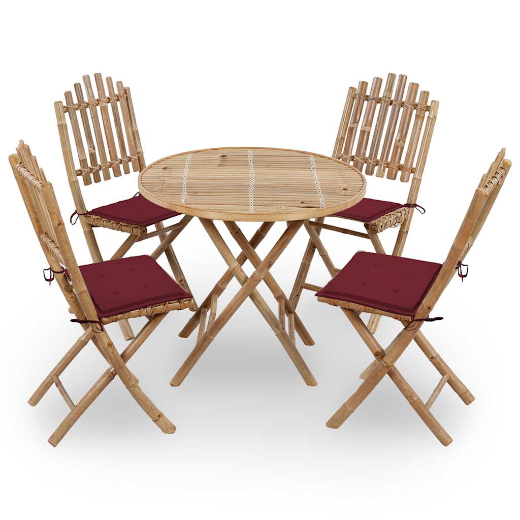 5 Pcs conj. de jantar dobrável c/ almofadões p/ exterior bambu