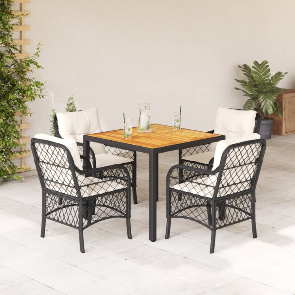5 Pcs conjunto de jantar p/ jardim c/ almofadões vime PE preto