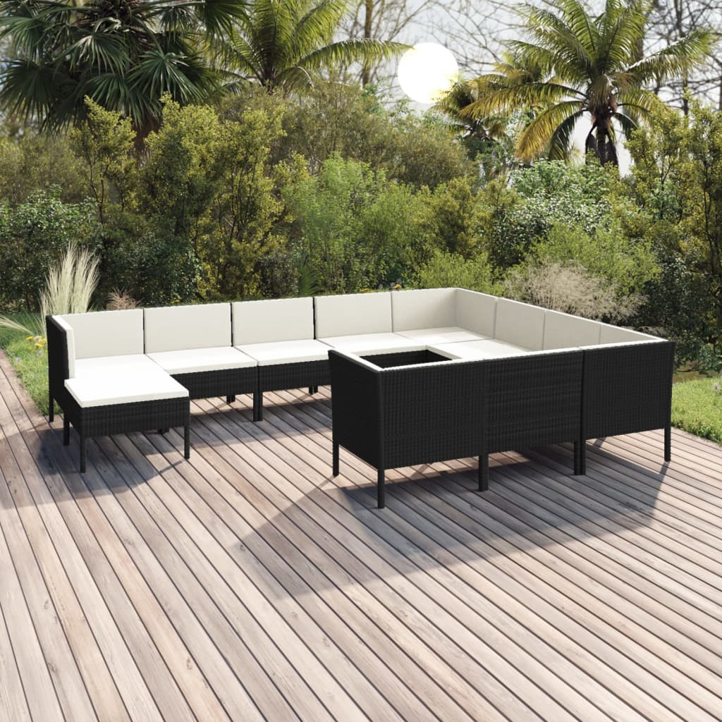 11 Pcs conjunto lounge de jardim c/ almofadões vime PE preto