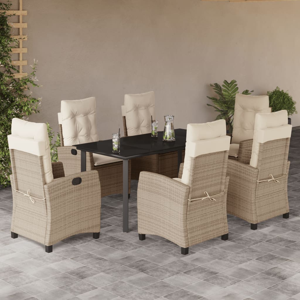 7 Pcs conjunto de jantar p/ jardim com almofadões vime PE bege