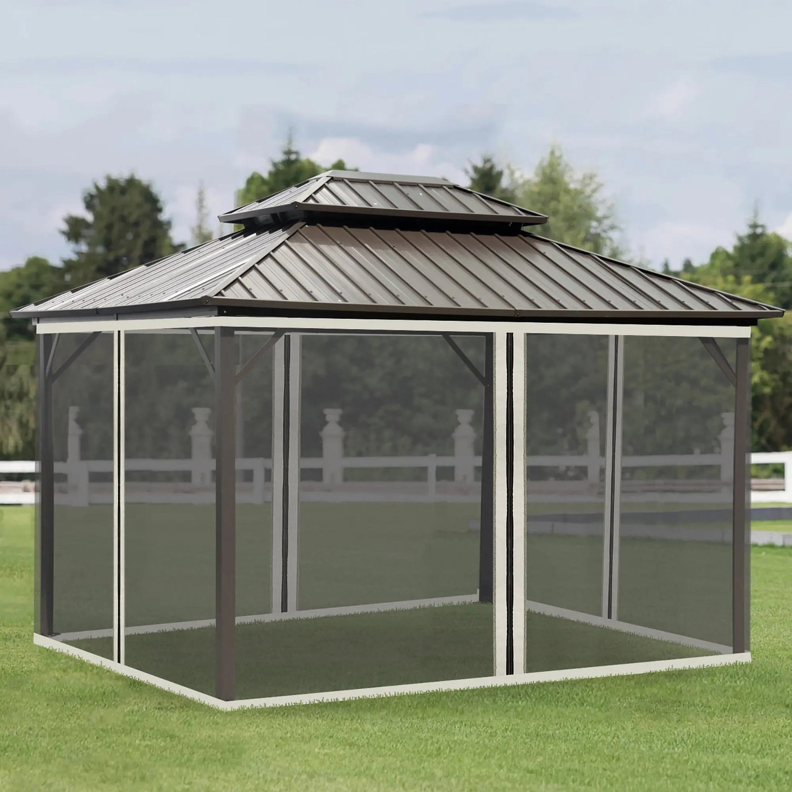4 Painéis laterais 335x207 cm para tenda de jardim com mosquiteira zíperes e anéis preto