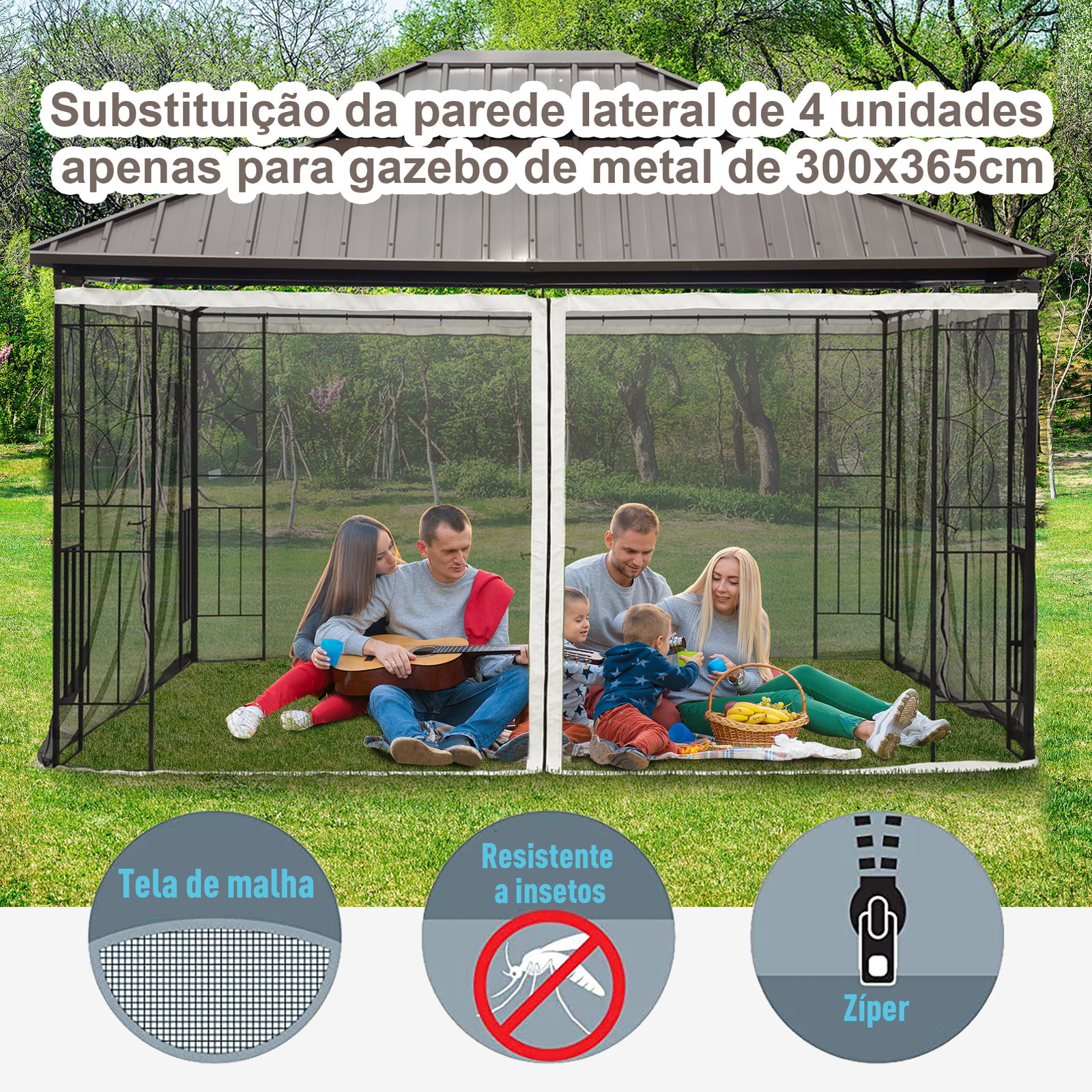 4 Painéis laterais 335x207 cm para tenda de jardim com mosquiteira zíperes e anéis preto