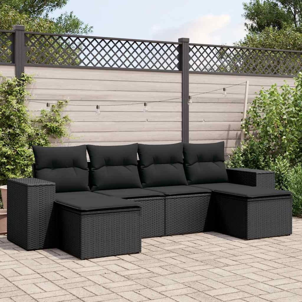 6 Pcs conjunto sofás de jardim c/ almofadões vime PE preto