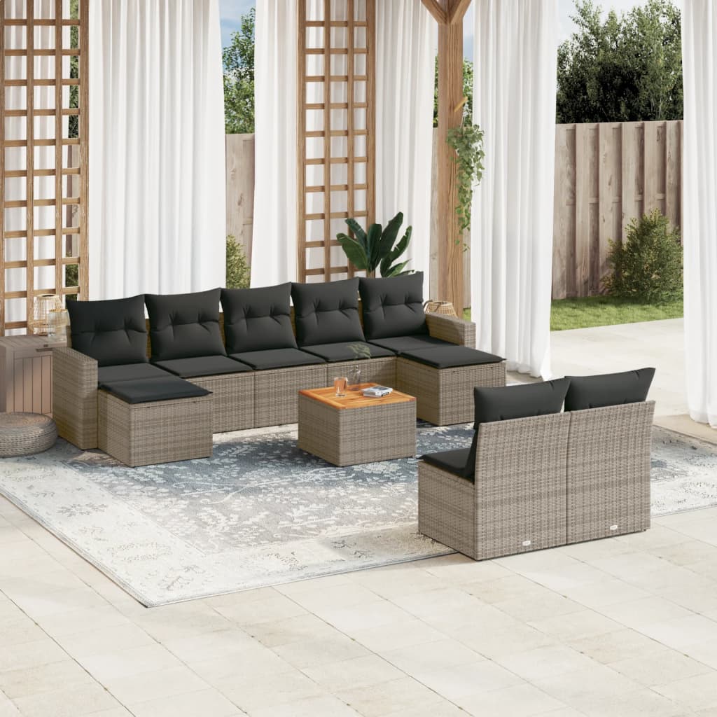 10 Pcs conjunto sofás de jardim c/ almofadões vime PE cinzento