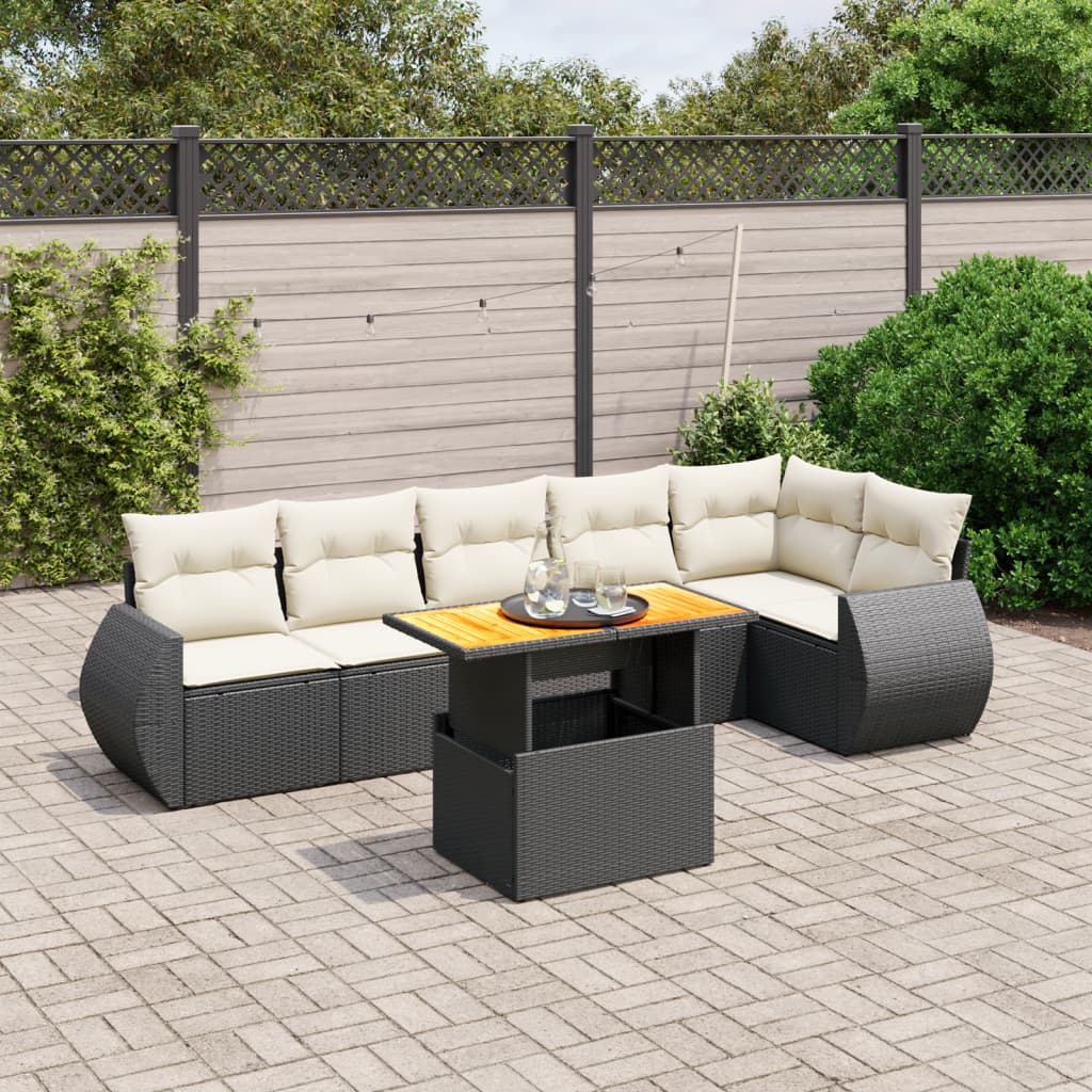 7 Pcs conjunto de sofás p/ jardim c/ almofadões vime PE preto