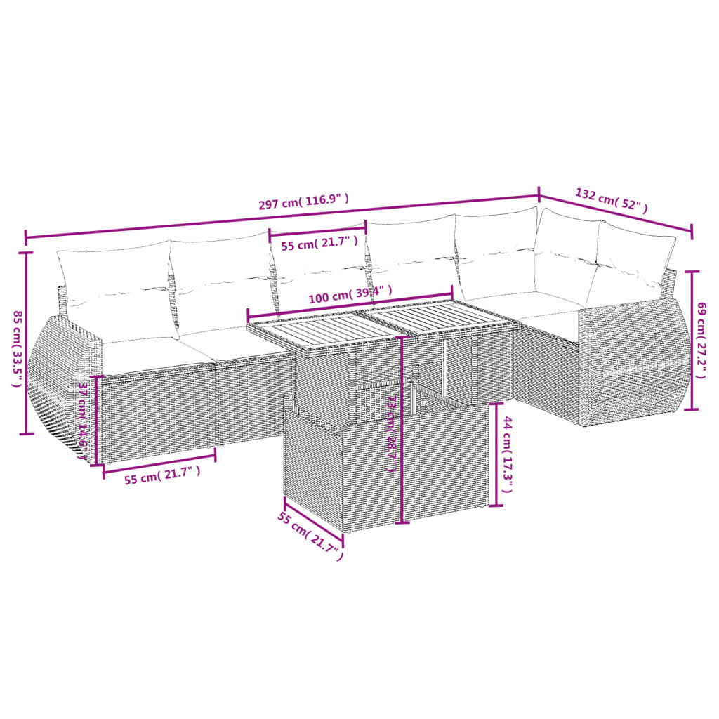 7 Pcs conjunto de sofás p/ jardim c/ almofadões vime PE preto