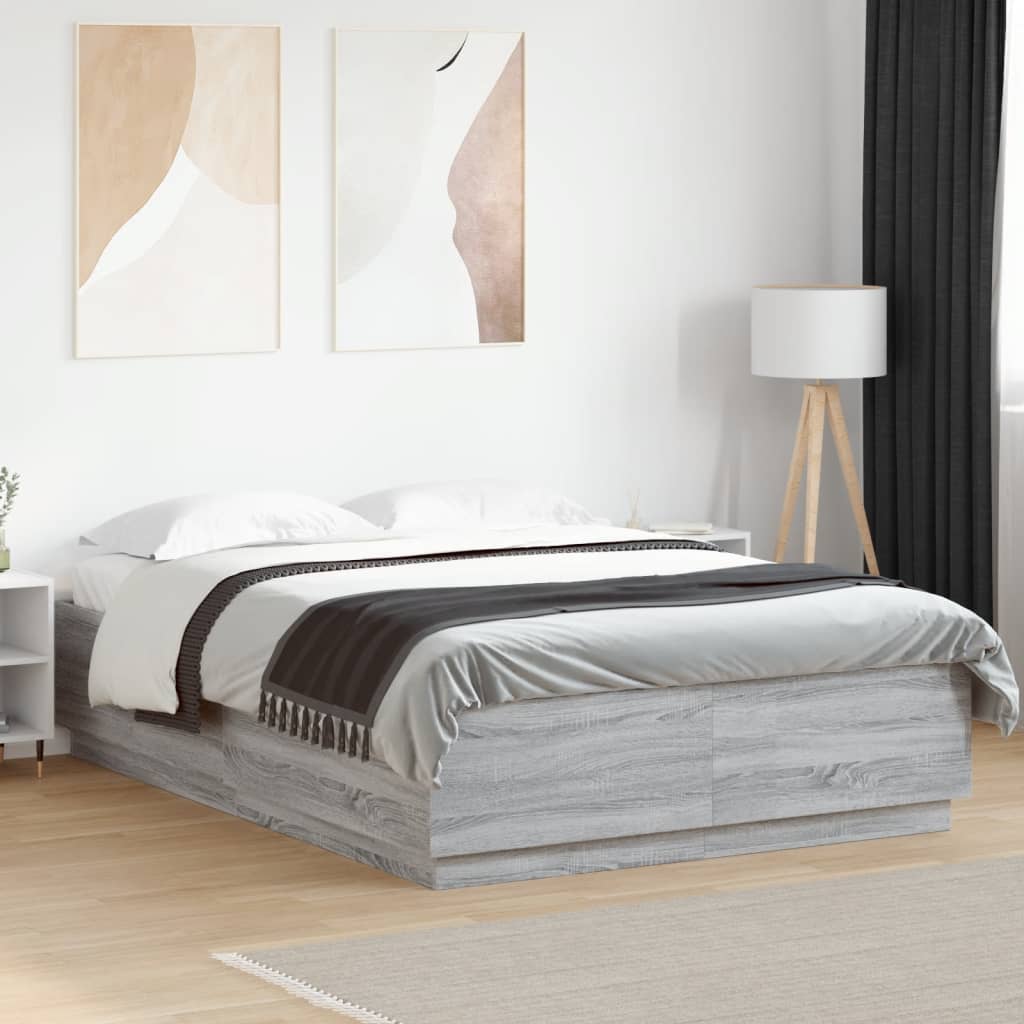 Estrutura de cama c/ luzes LED derivados madeira cinza sonoma