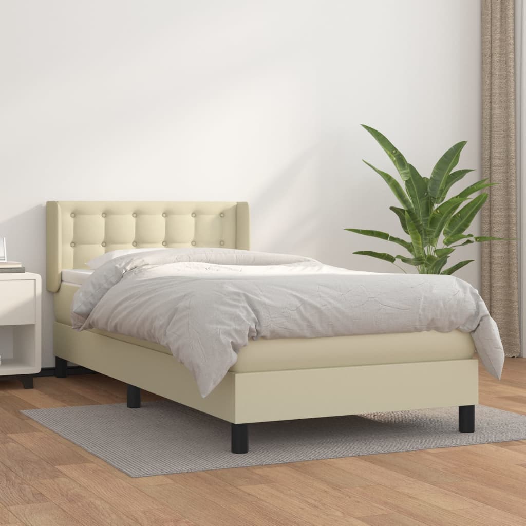 Cama com molas/colchão 90x190 cm couro artificial cor creme