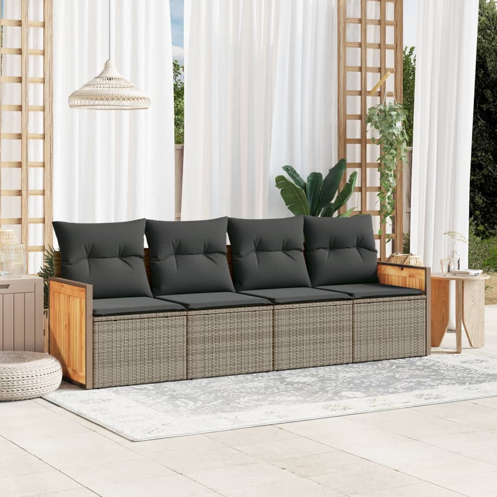 4 Pcs conjunto sofás de jardim c/ almofadões vime PE cinzento