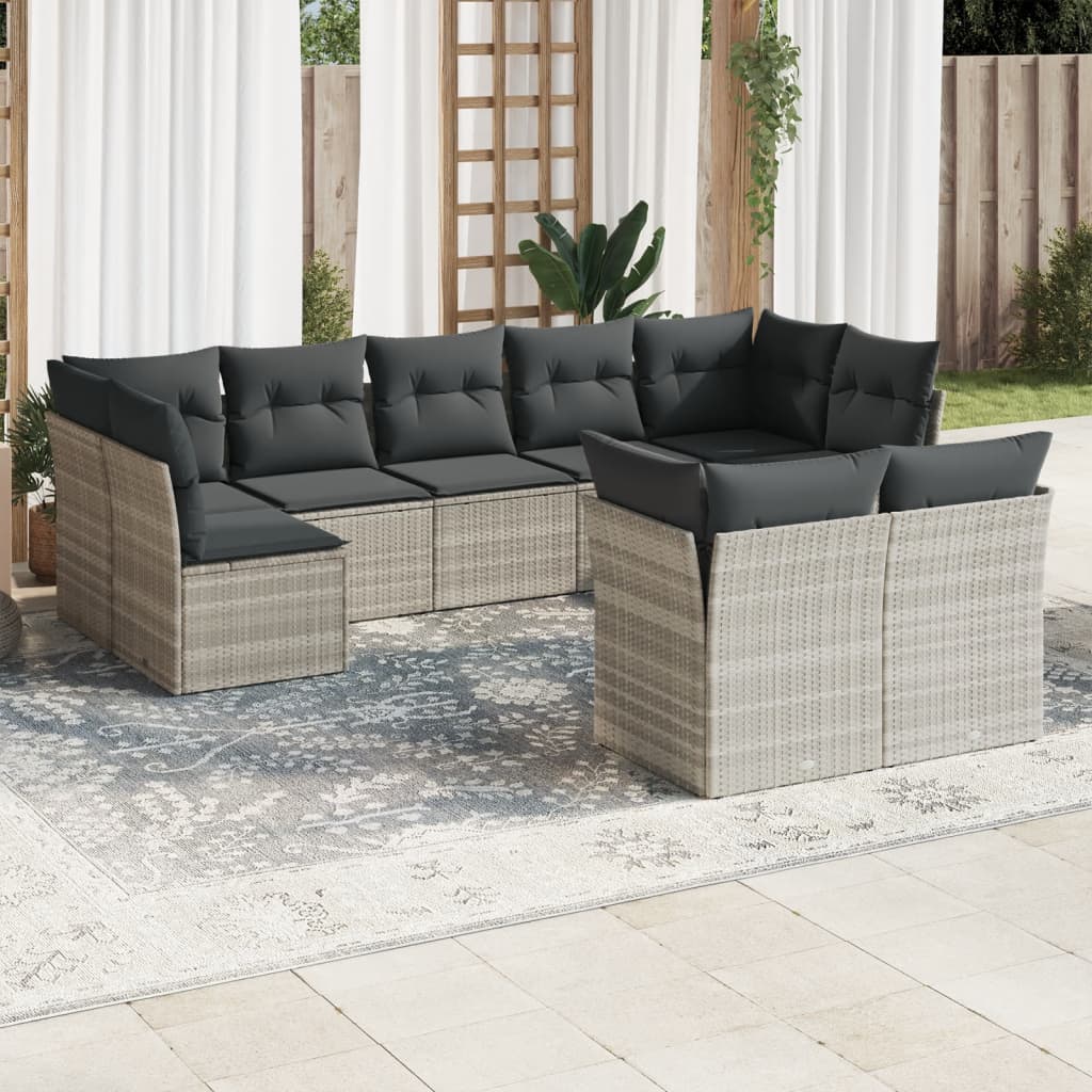 9 Pcs conj. sofás jardim com almofadões vime PE cinzento-claro