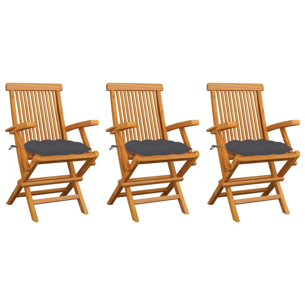 Cadeiras de jardim c/ almofadões antracite 3 pcs teca maciça