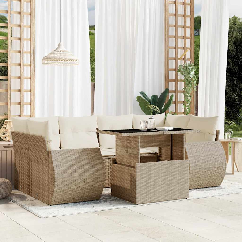 7 Pcs conjunto de sofás p/ jardim com almofadões vime PE bege