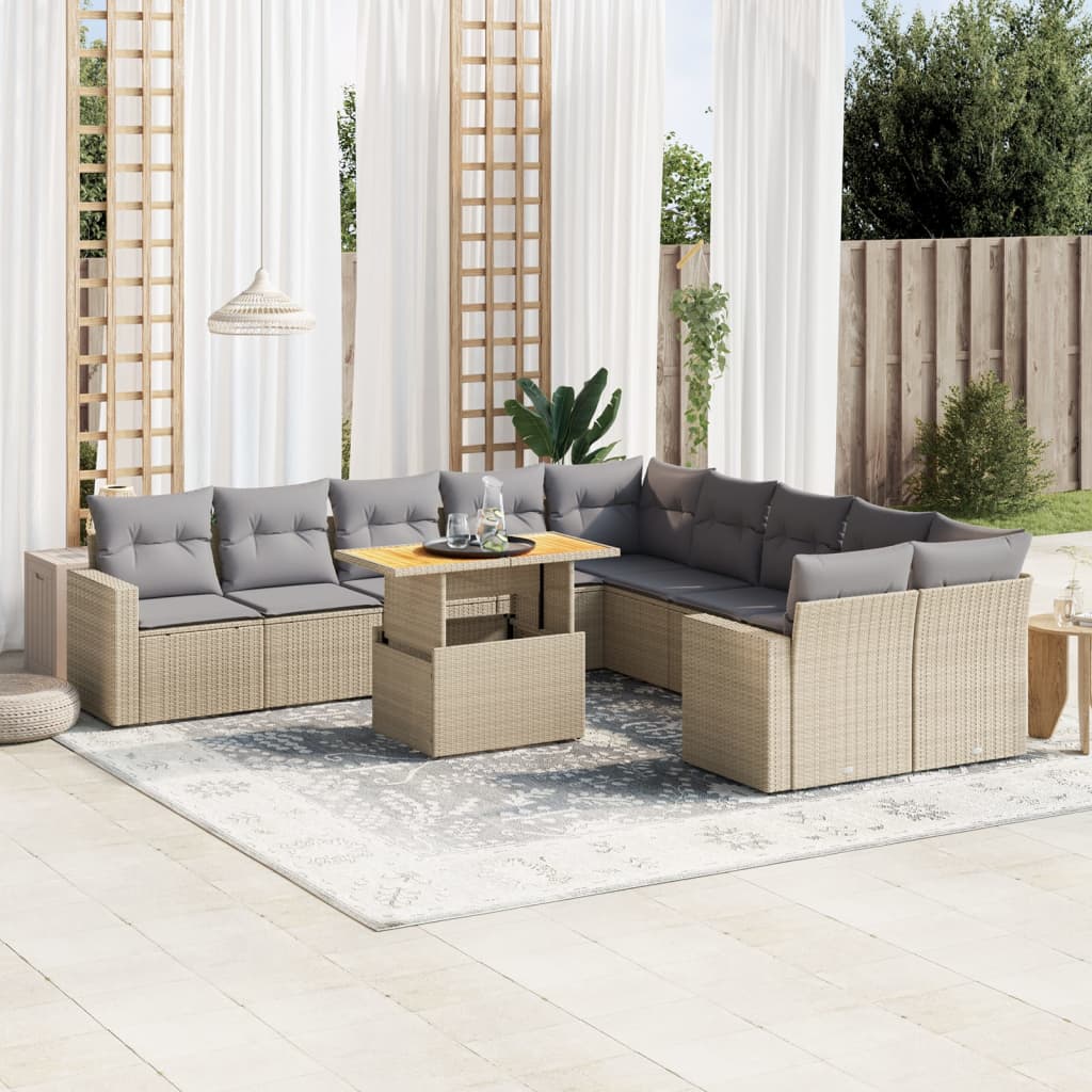 11 Pcs conjunto sofás de jardim c/ almofadões vime PE bege