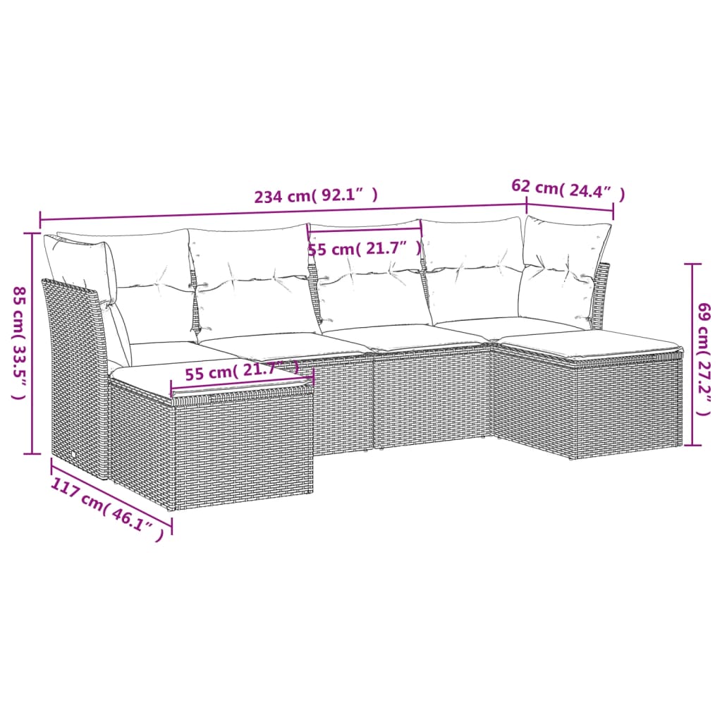 6 Pcs conjunto de sofás p/ jardim com almofadões vime PE bege