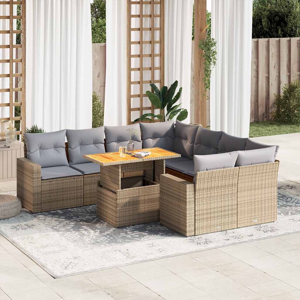 9 Pcs conjunto de sofás p/ jardim com almofadões vime PE bege