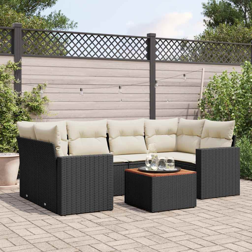 7 Pcs conjunto de sofás p/ jardim c/ almofadões vime PE preto