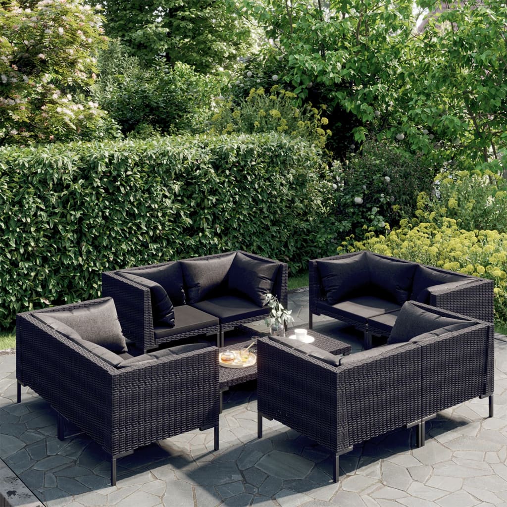 9 Pcs conj. lounge jardim c/ almofadões vime PE cinzento-escuro