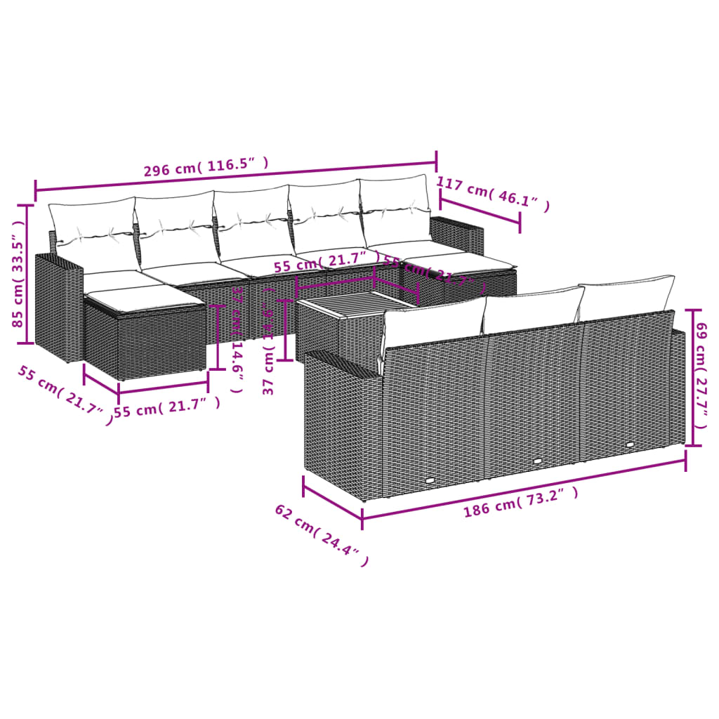 11 Pcs conjunto sofás de jardim c/ almofadões vime PE cinzento