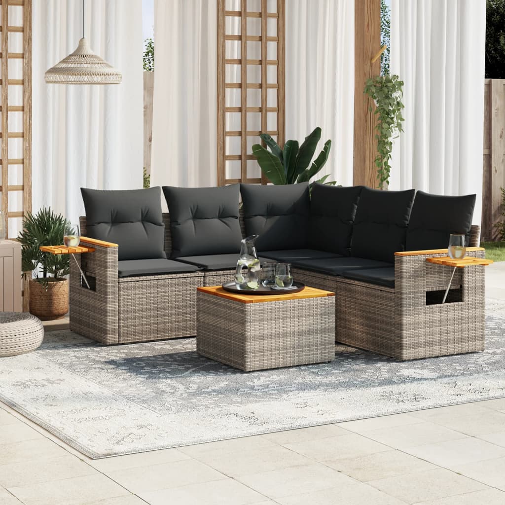 6 Pcs conjunto sofás de jardim com almofadões vime cinzento