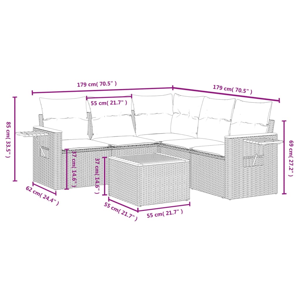 6 Pcs conjunto sofás de jardim com almofadões vime cinzento