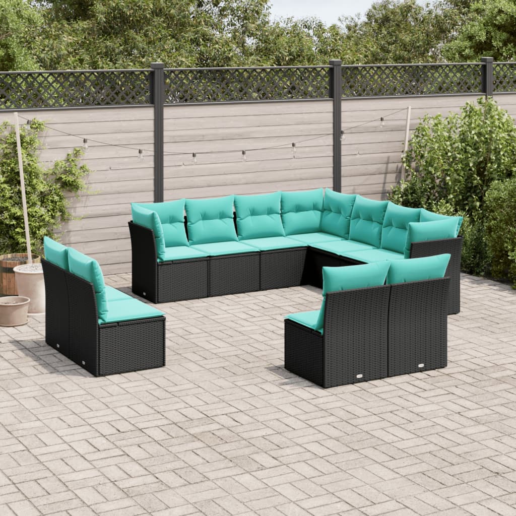 Conjunto de sofá de jardim com 11 peças e almofadas em rattan sintético preto