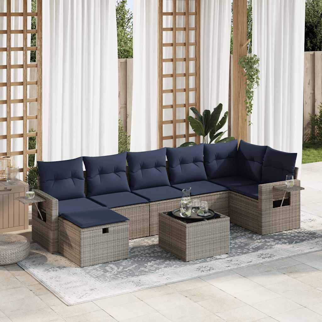 8 Pcs conjunto sofás de jardim c/ almofadões vime PE cinzento
