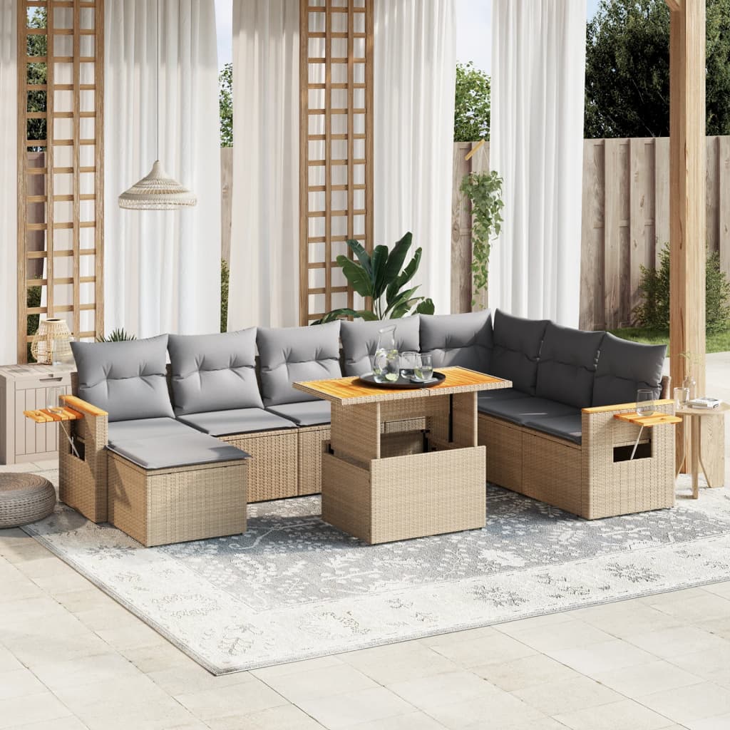 9 Pcs conjunto de sofás p/ jardim com almofadões vime PE bege