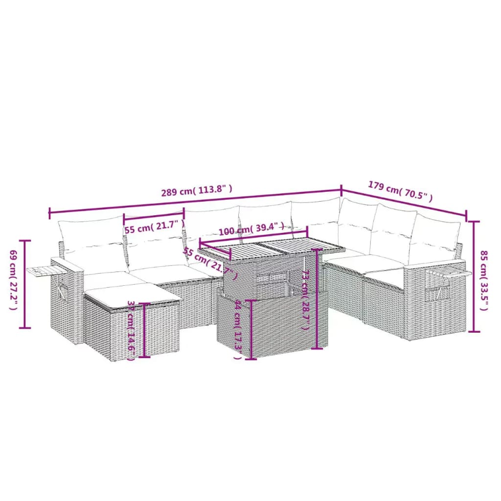 9 Pcs conjunto de sofás p/ jardim com almofadões vime PE bege