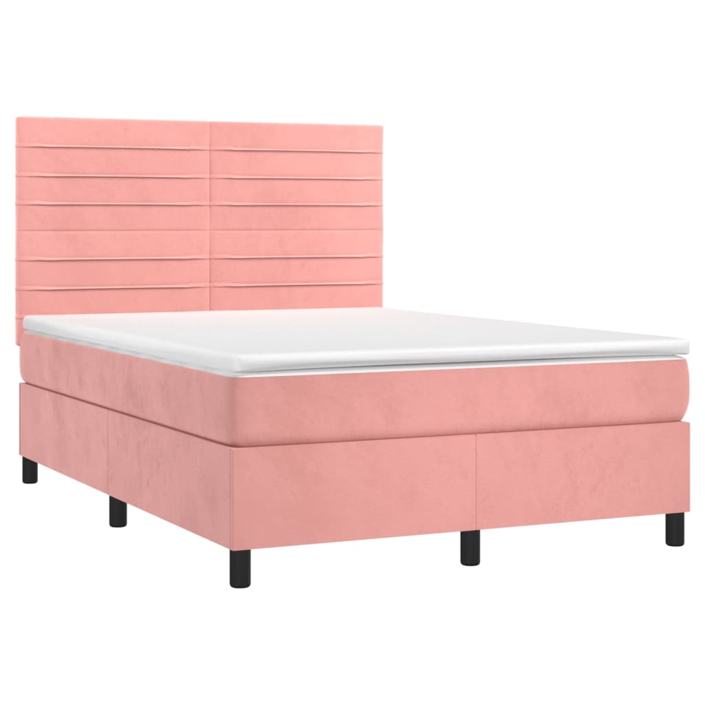 Cama box spring c/ colchão/LED 140x200 cm veludo rosa