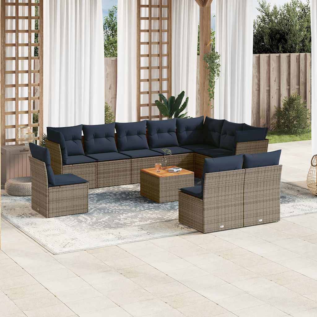 11 Pcs conjunto sofás de jardim c/ almofadões vime PE cinzento