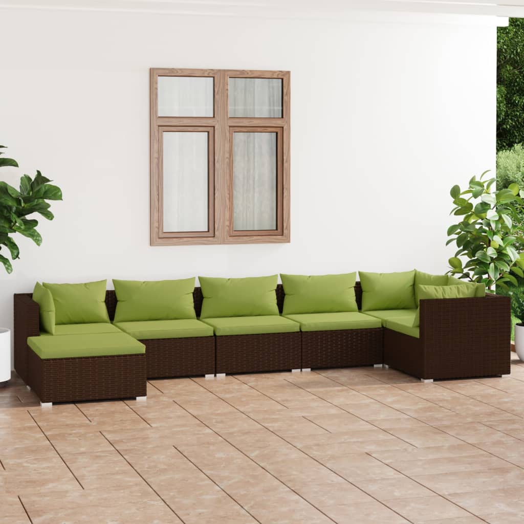7 Pcs conjunto lounge jardim c/ almofadões vime PE castanho