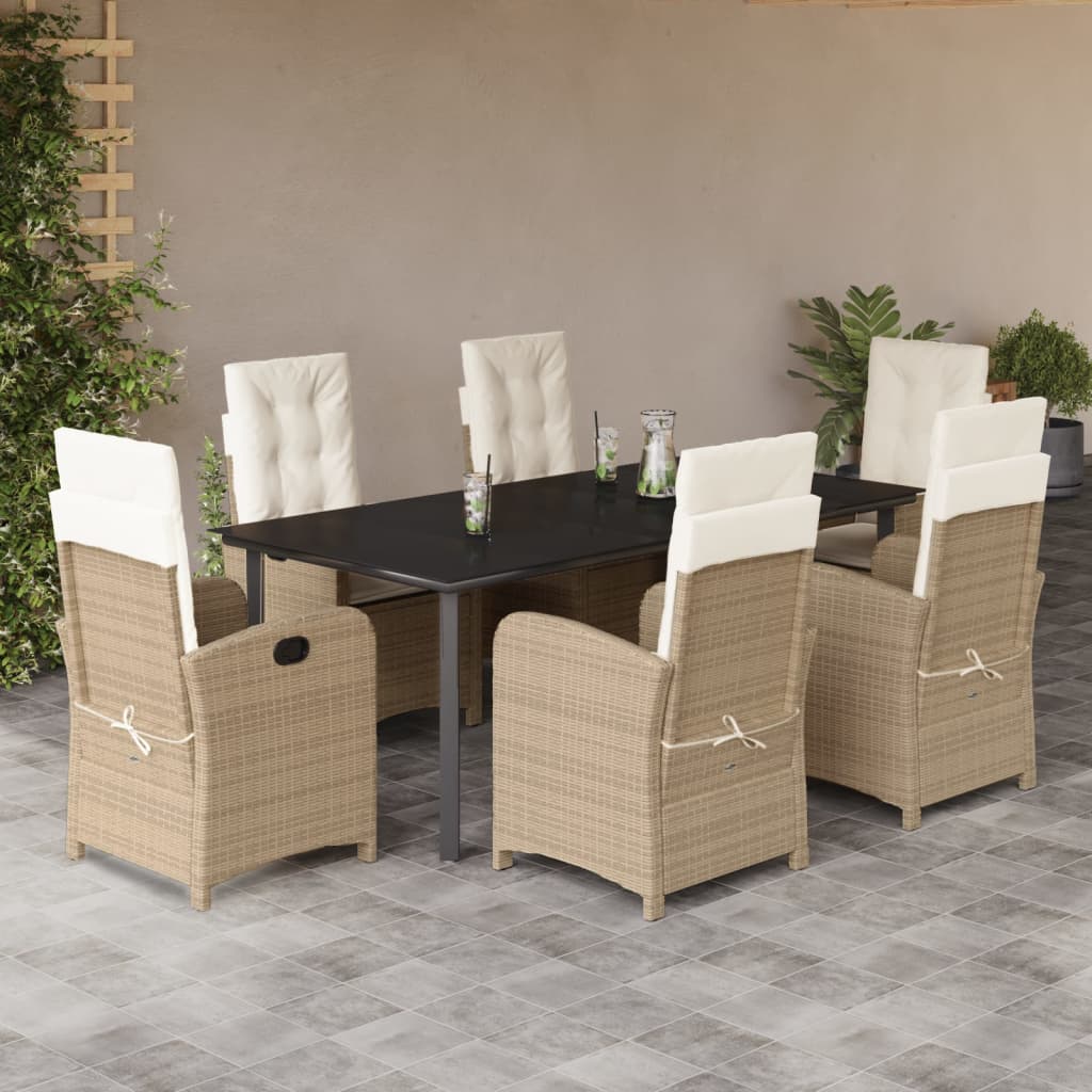 7 Pcs conjunto de jantar p/ jardim com almofadões vime PE bege