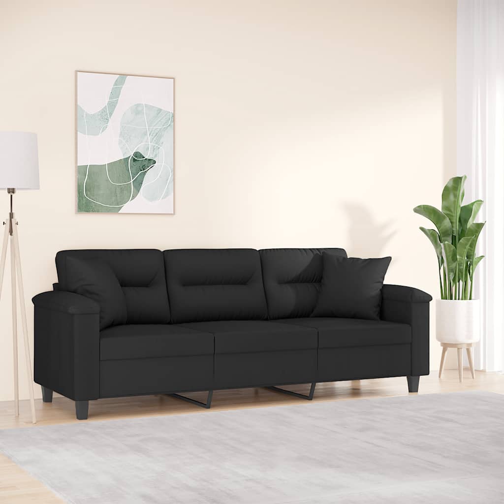 Sofá 3 lugares c/ almofadas 180 cm microfibra preto
