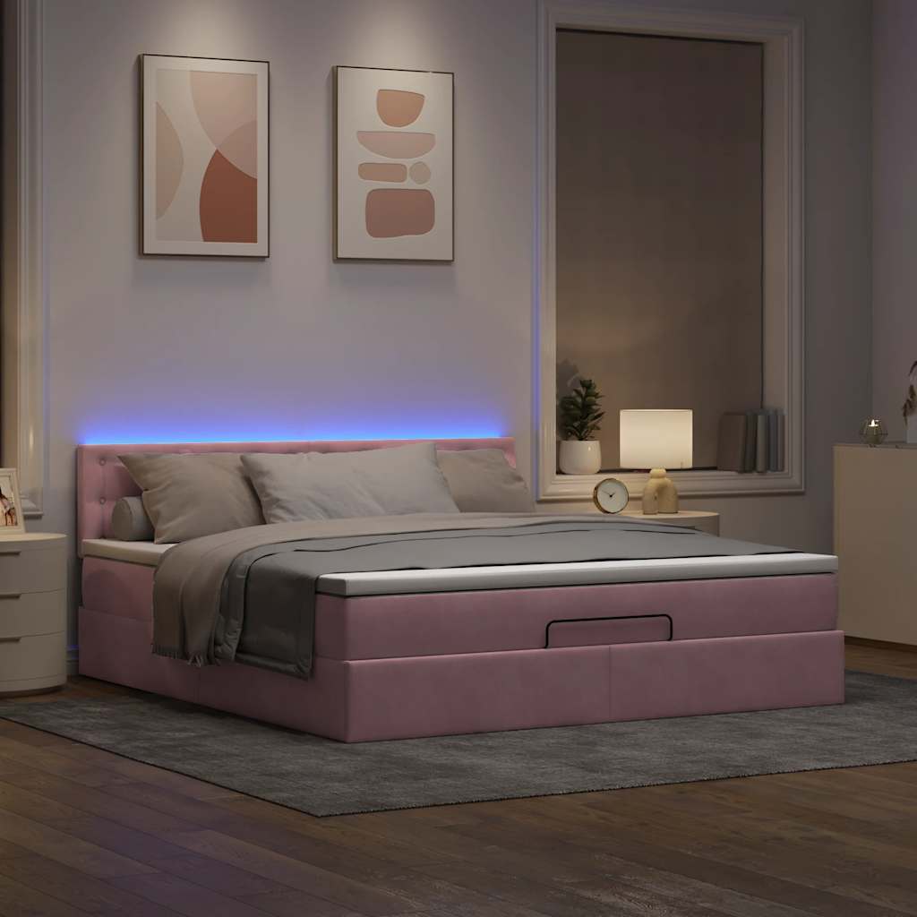 Cama otomana com colchão & leds 180x200cm veludo rosa