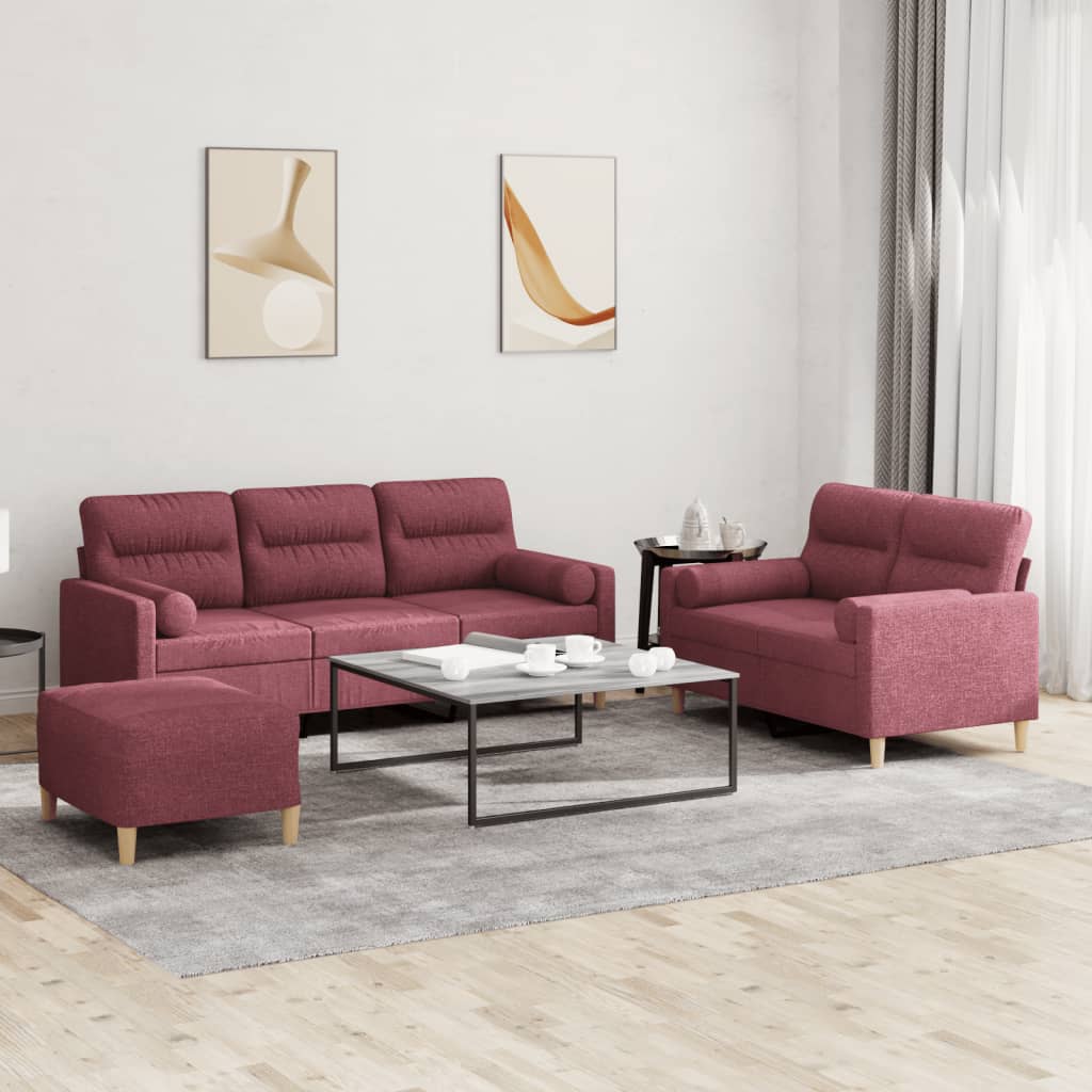 3 Pcs conjunto de sofás com almofadas tecido vermelho-tinto