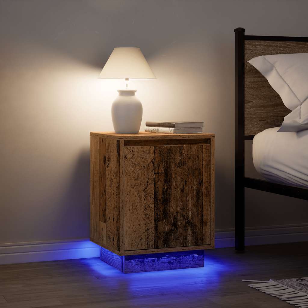 Mesas cabeceira c/ luzes LED 2 pcs 38x34x50 cm madeira velha