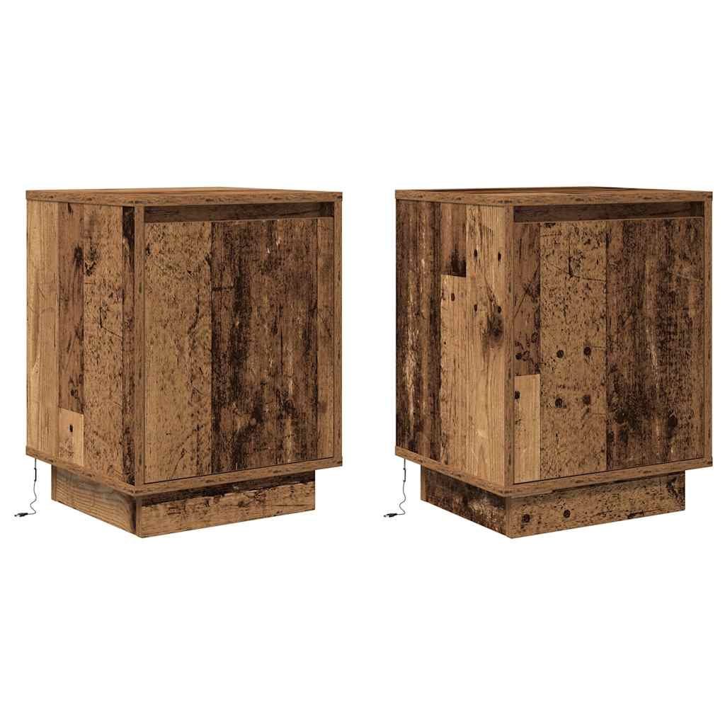 Mesas cabeceira c/ luzes LED 2 pcs 38x34x50 cm madeira velha