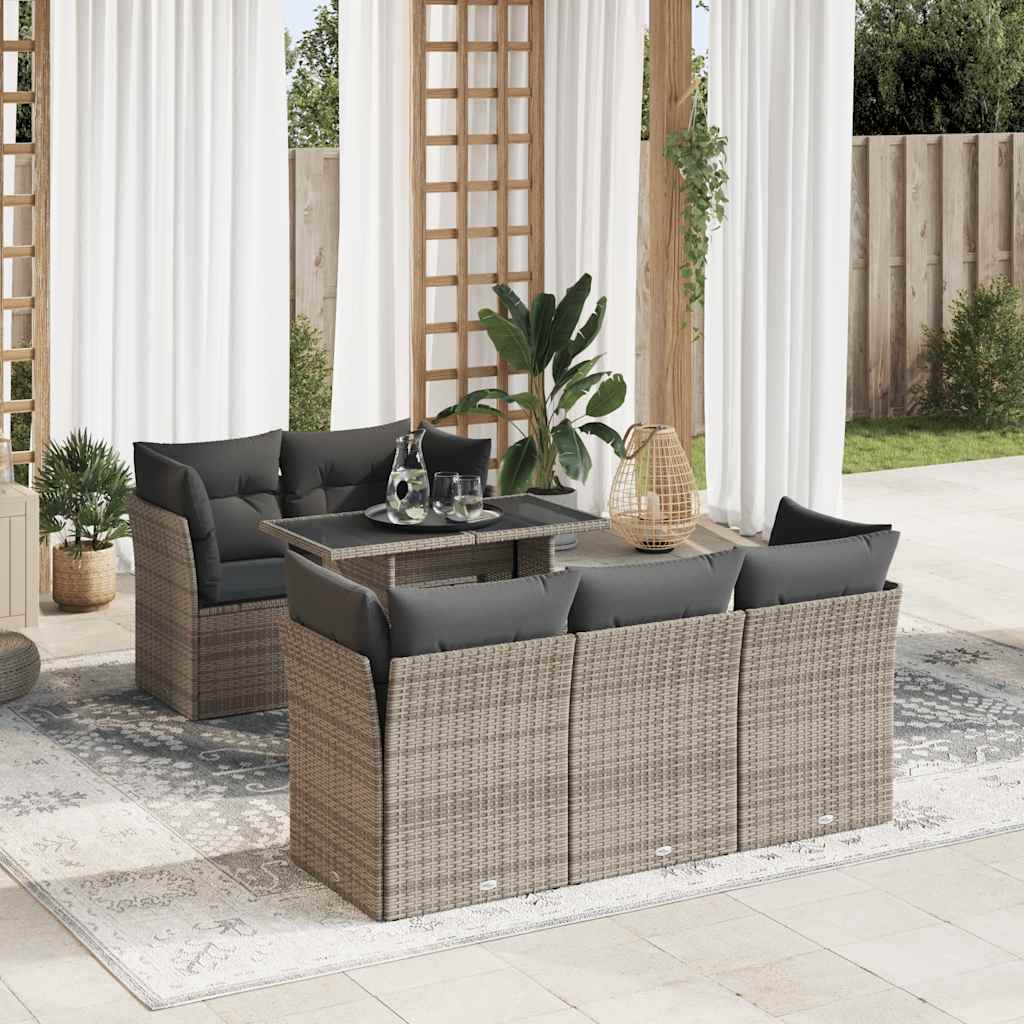 6 Pcs conjunto sofás de jardim com almofadões vime cinzento