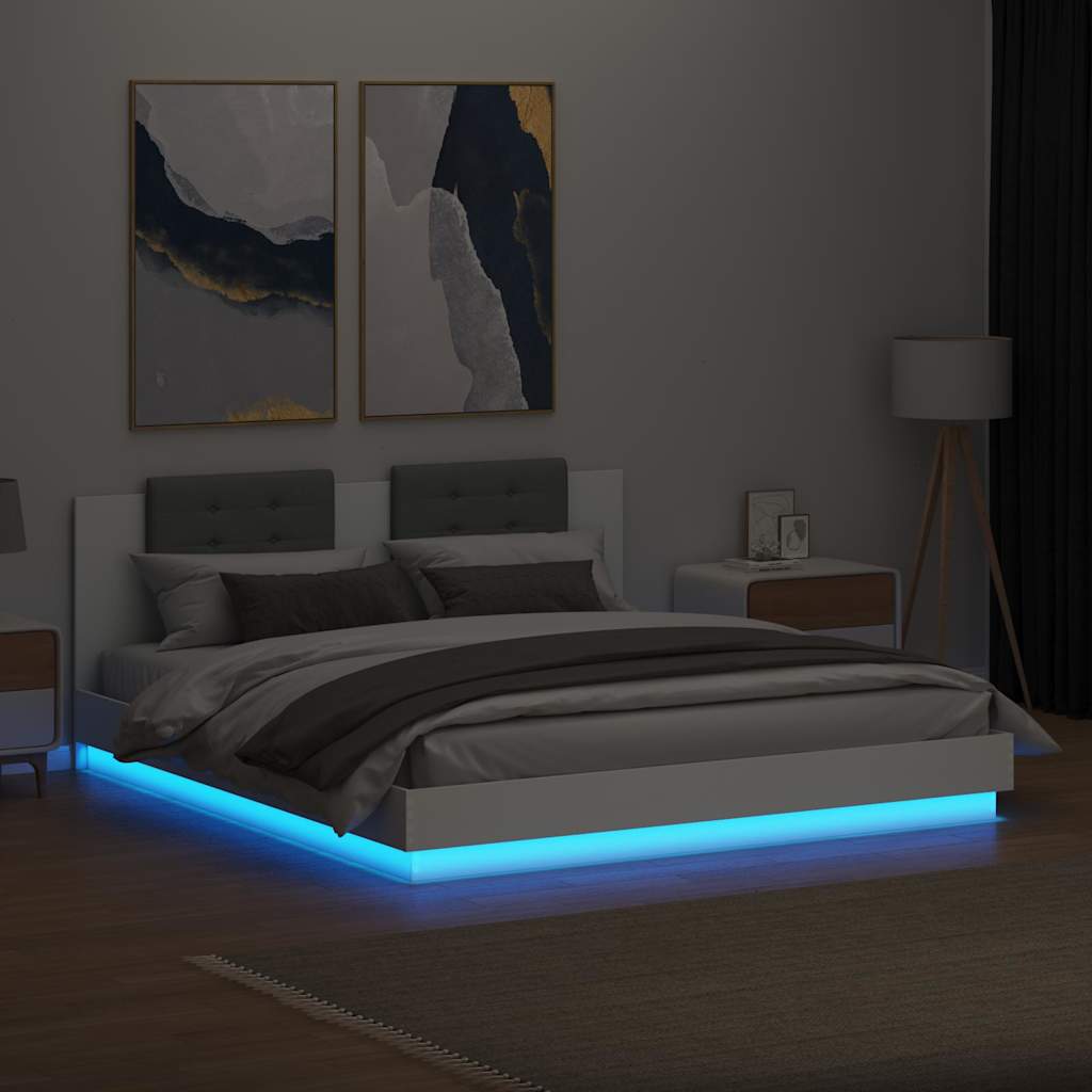 Estrutura de cama com cabeceira e luzes LED 160x200 cm branco