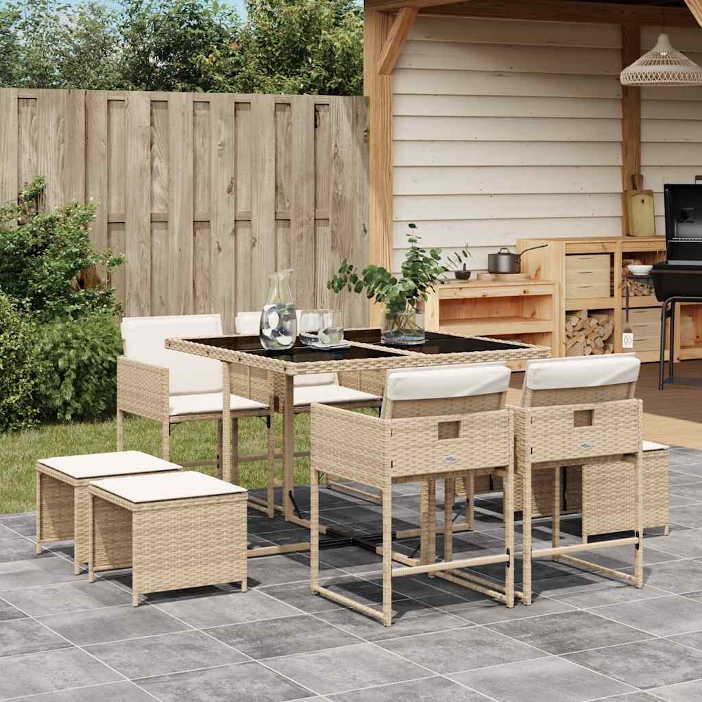 9 Pcs conjunto de jantar p/ jardim com almofadões vime PE bege