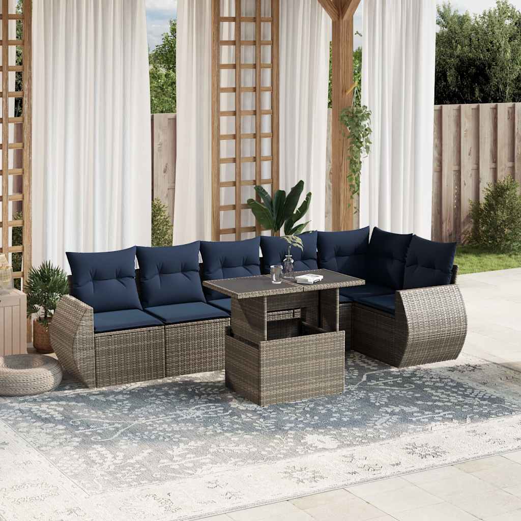 Conjunto de sofá de jardim com 7 peças e almofadas em rattan sintético cinza