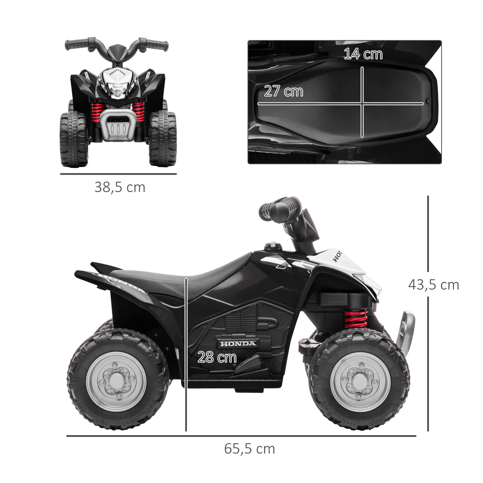Quadriciclo elétrico honda para crianças bateria 6v com faróis LED buzina velocidade de 2,8km/h 65,5x35,5x43,5 cm branco e preto
