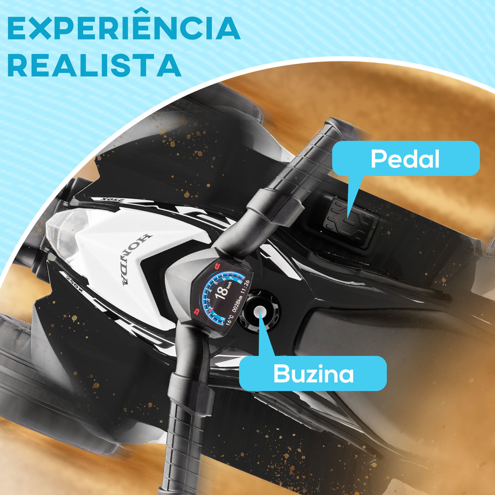 Quadriciclo elétrico honda para crianças bateria 6v com faróis LED buzina velocidade de 2,8km/h 65,5x35,5x43,5 cm branco e preto