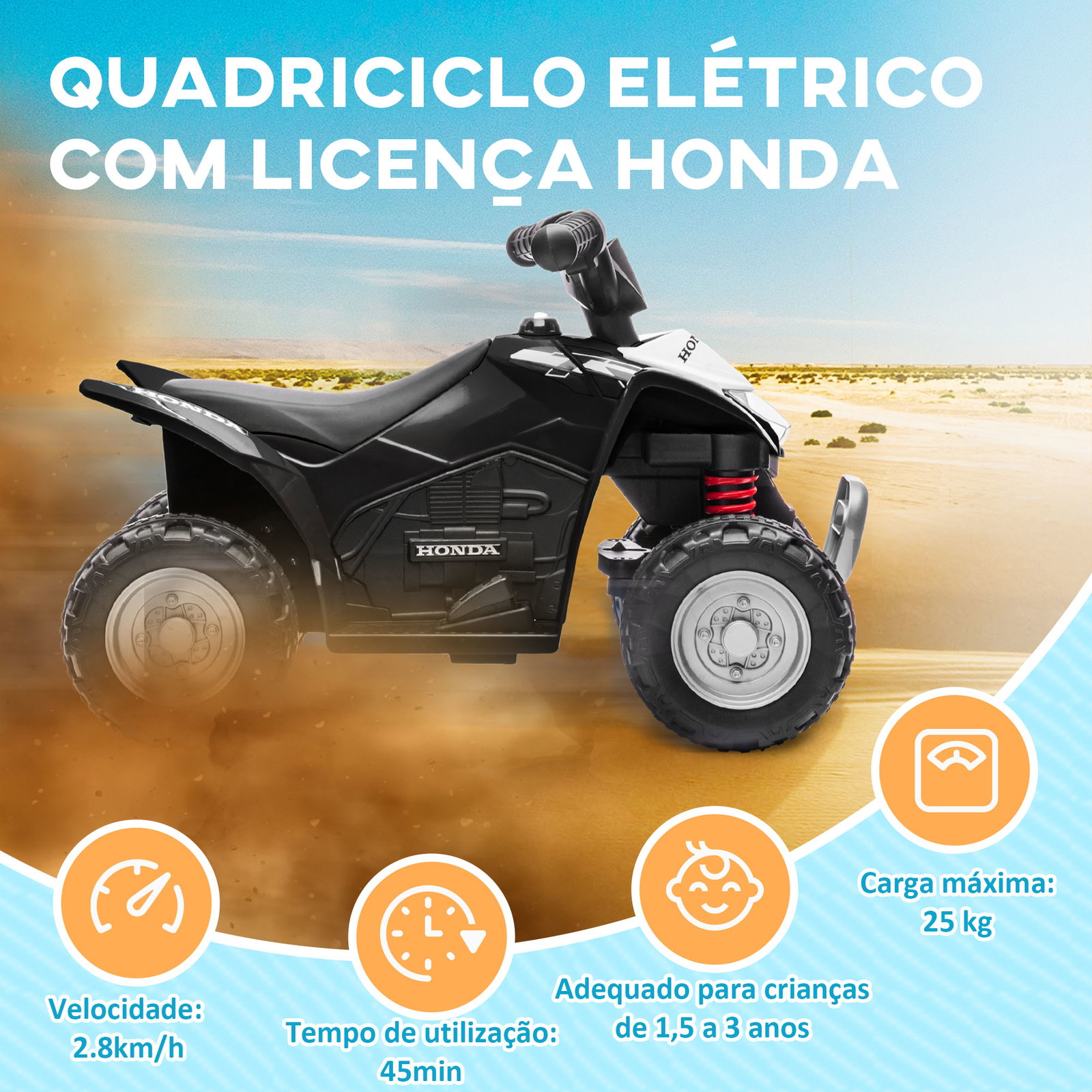 Quadriciclo elétrico honda para crianças bateria 6v com faróis LED buzina velocidade de 2,8km/h 65,5x35,5x43,5 cm branco e preto